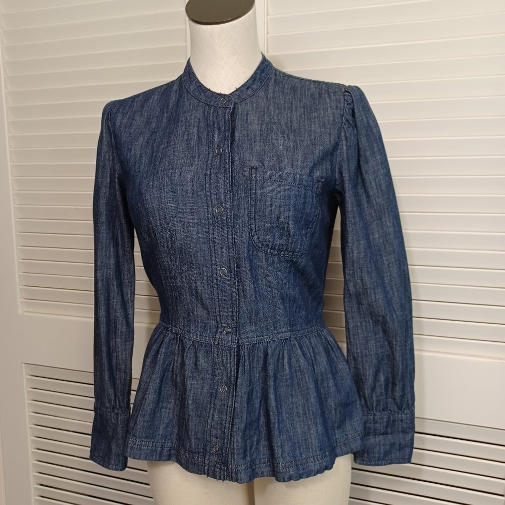 Lucky Brand Top Blue Chambray Denim Snap Front Peplum Top Womens size 4 - Picture 10 of 11